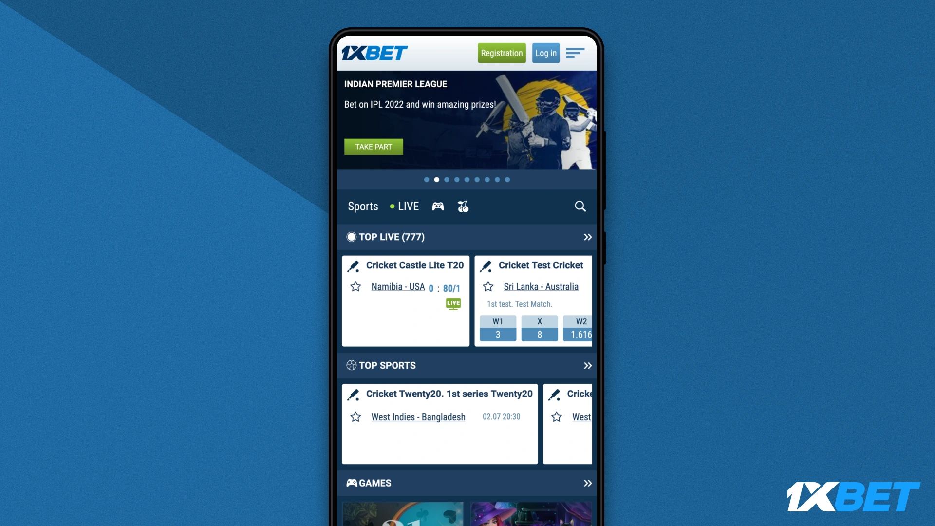 Home page of the mobile version of the 1xbet BD website