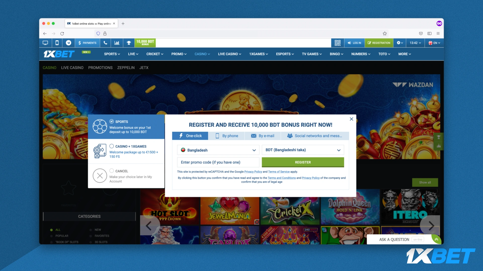 New user registration in the casino 1xbet