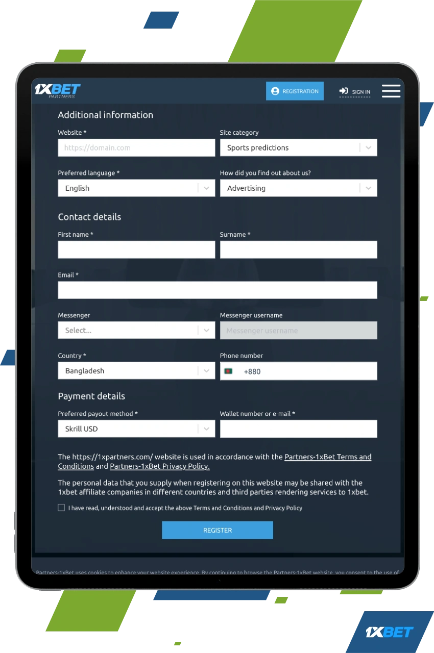 Registration in the affiliate program 1xBet passes in several steps