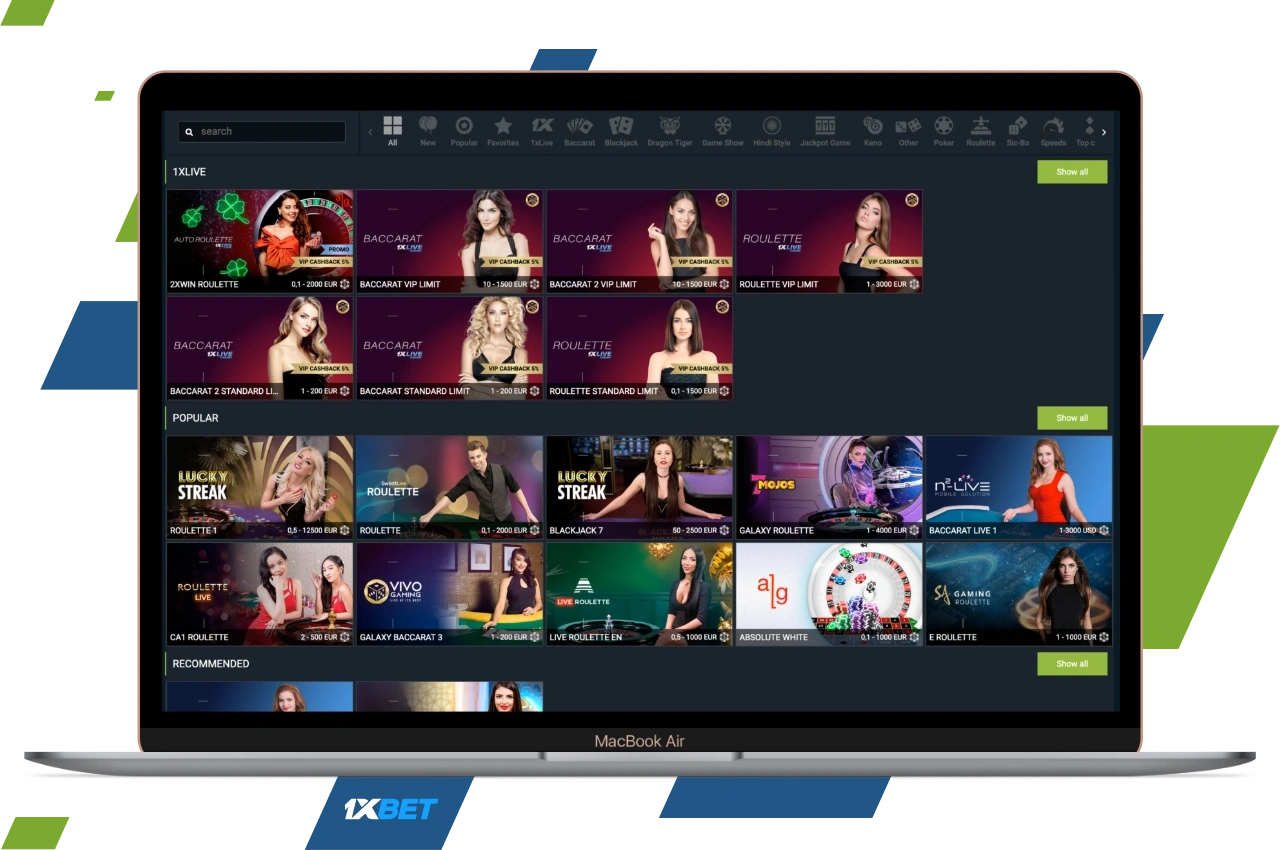 For PC users 1xBet offers to play in a live casino with live dealers