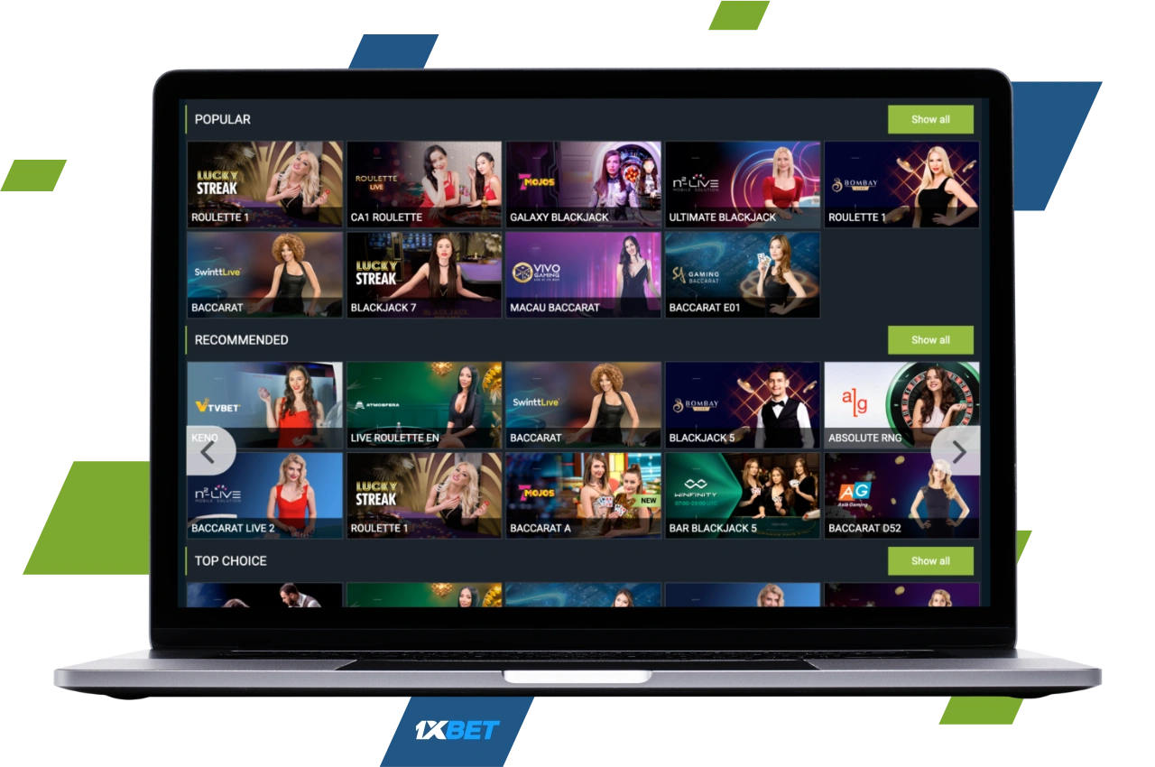 1xBet Live Casino allows you to play various games with live dealers