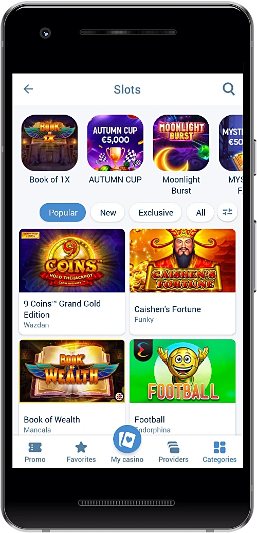 Slot machines in 1xBet mobile app